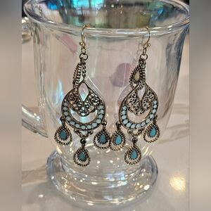 Elegant Brass and Turquoise Chandelier Earrings
